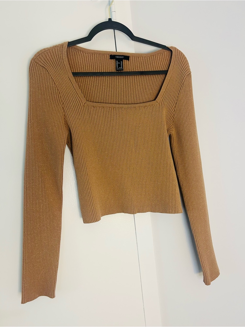 Forever 21 Women’s Glitter Camel Ribbed Square-Neck Long Sleeve Top XL